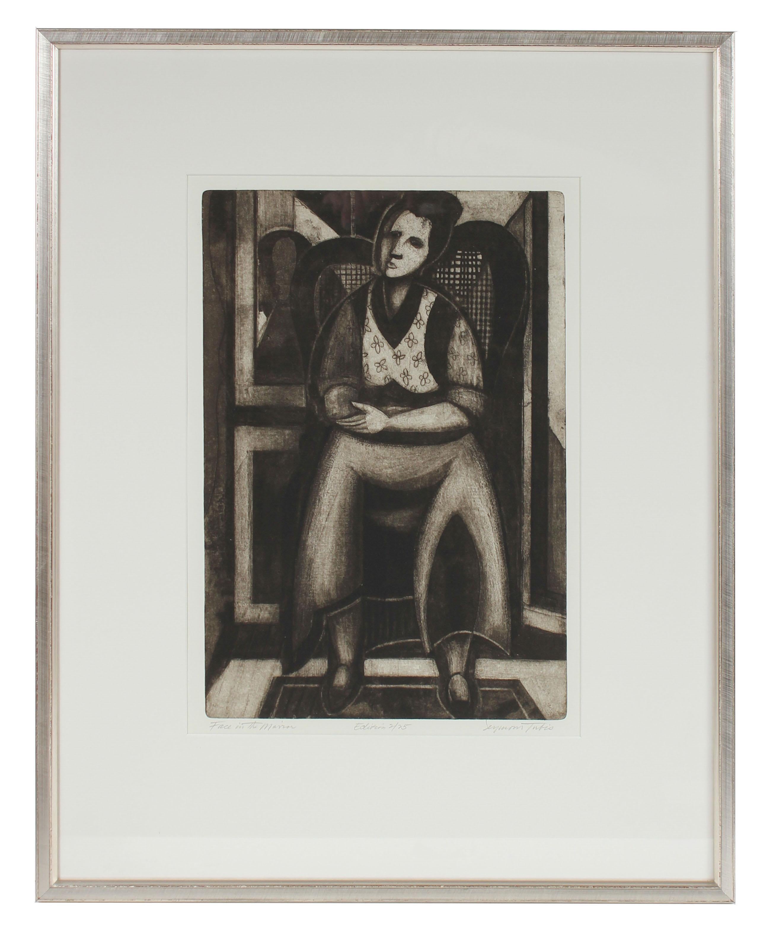 "Face in the Mirror" Monochromatic Portrait Etching in a Silver Frame, June 1949 - Mixed Media Art by Seymour Tubis