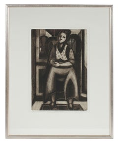 "Face in the Mirror" Monochromatic Portrait Etching in a Silver Frame, June 1949