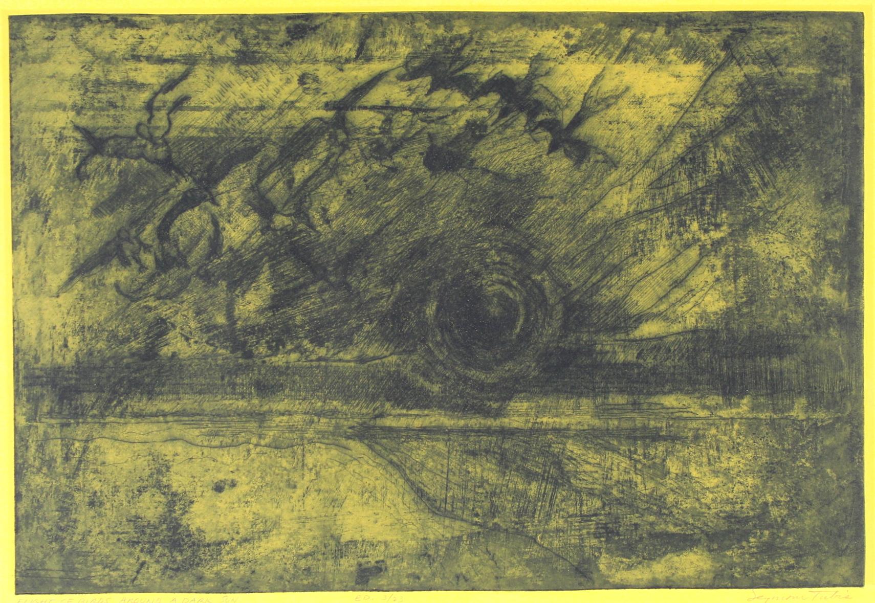 Seymour Tubis Abstract Print - Flight of Birds Around a Dark Sun Mid Century Drypoint Etching