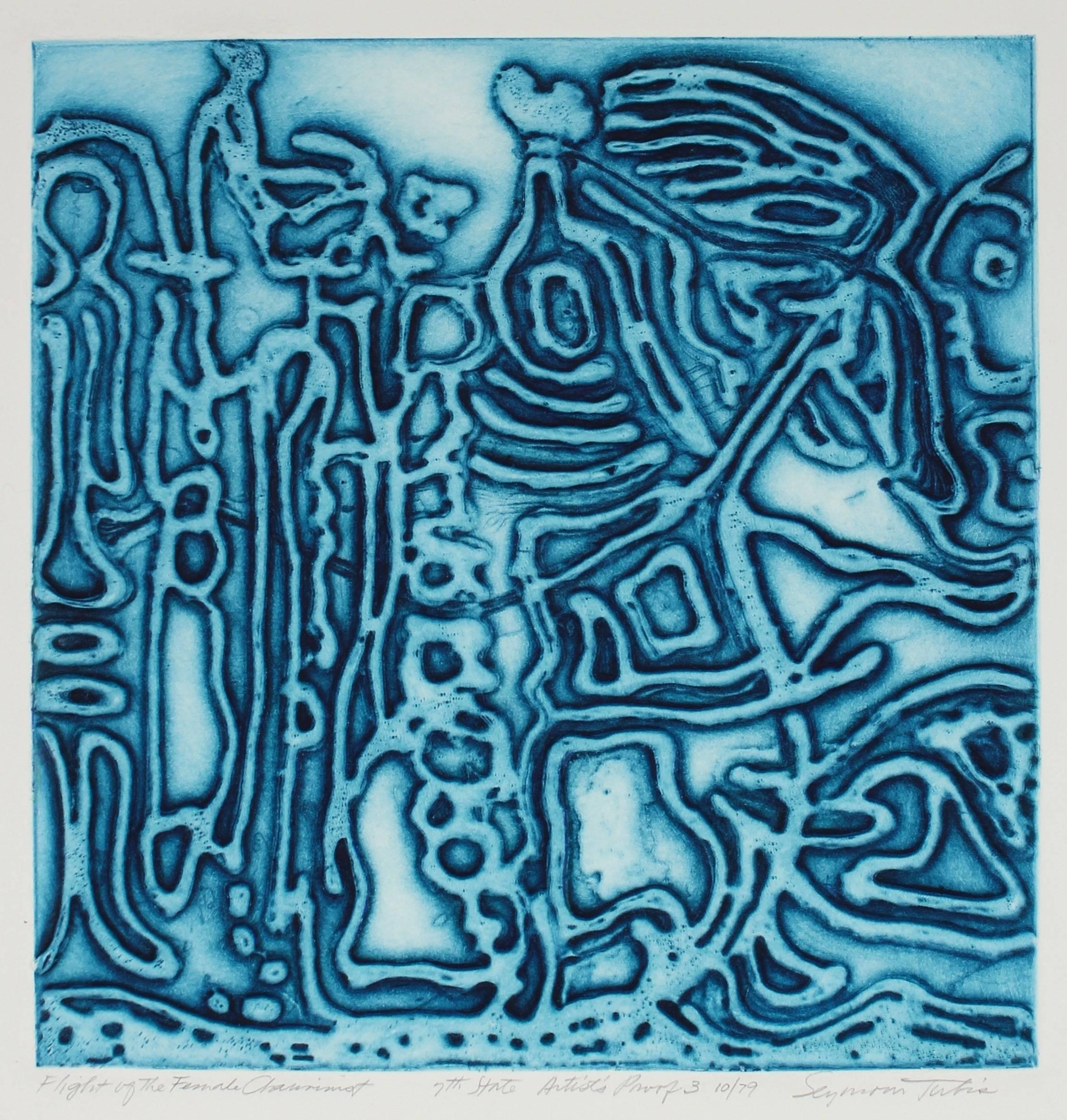 Seymour Tubis Abstract Print - "Flight of the Female Chauvinist" Textured Collograph Print in Blue