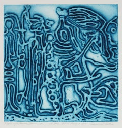 "Flight of the Female Chauvinist" Textured Collograph Print in Blue
