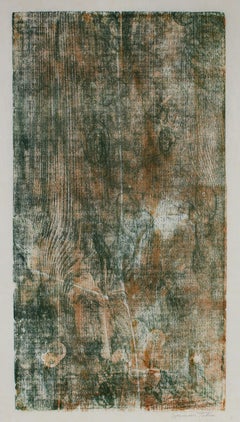 Hectic Green & Brown Abstract Mid 20th Century Woodcut