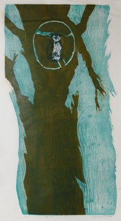 "Owl" 1950s Woodcut with Blue