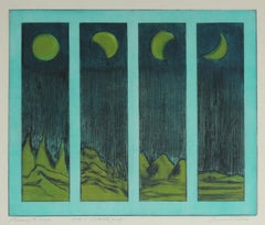 Vintage "Phases of the Moon", Mid Century Colored Etching with Turquoise 