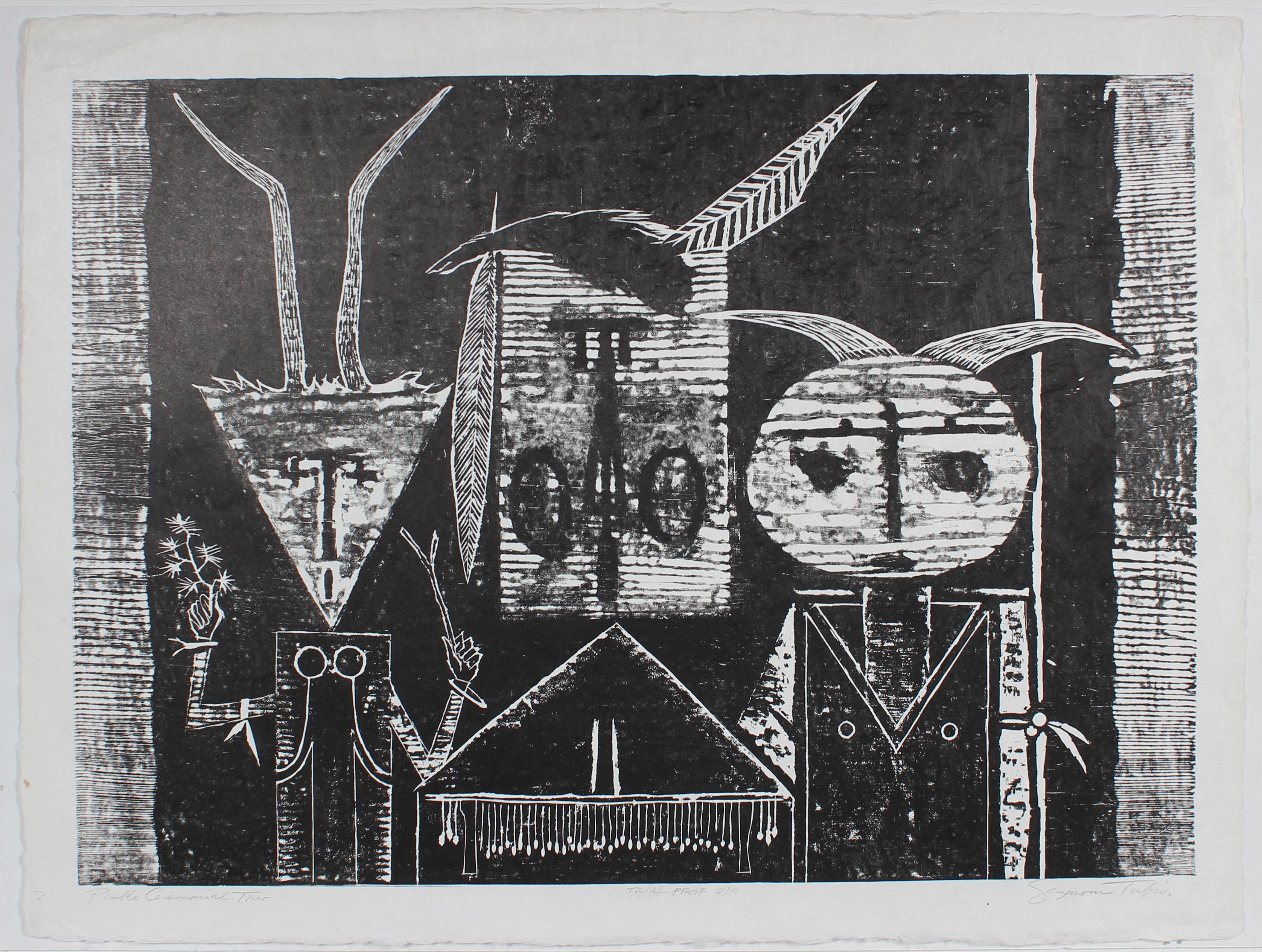 Seymour Tubis Figurative Print - "Pueblo Ceremonial Trio" Black 
White Woodblock Print, Circa 1968