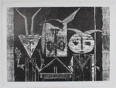 "Pueblo Ceremonial Trio" Black & White Woodblock Print, Circa 1968