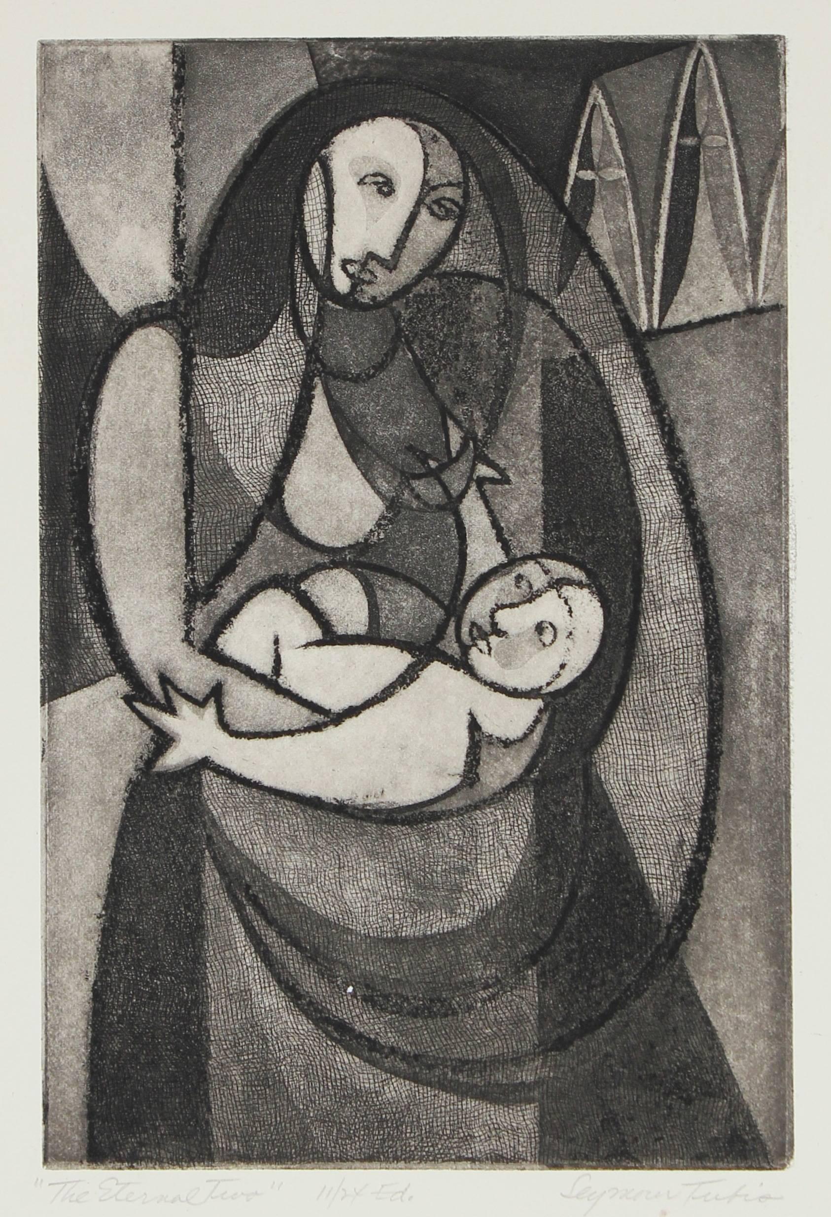 Seymour Tubis Figurative Print - "The Eternal Two" Madonna and Child, Etching on Paper, Late 1940s