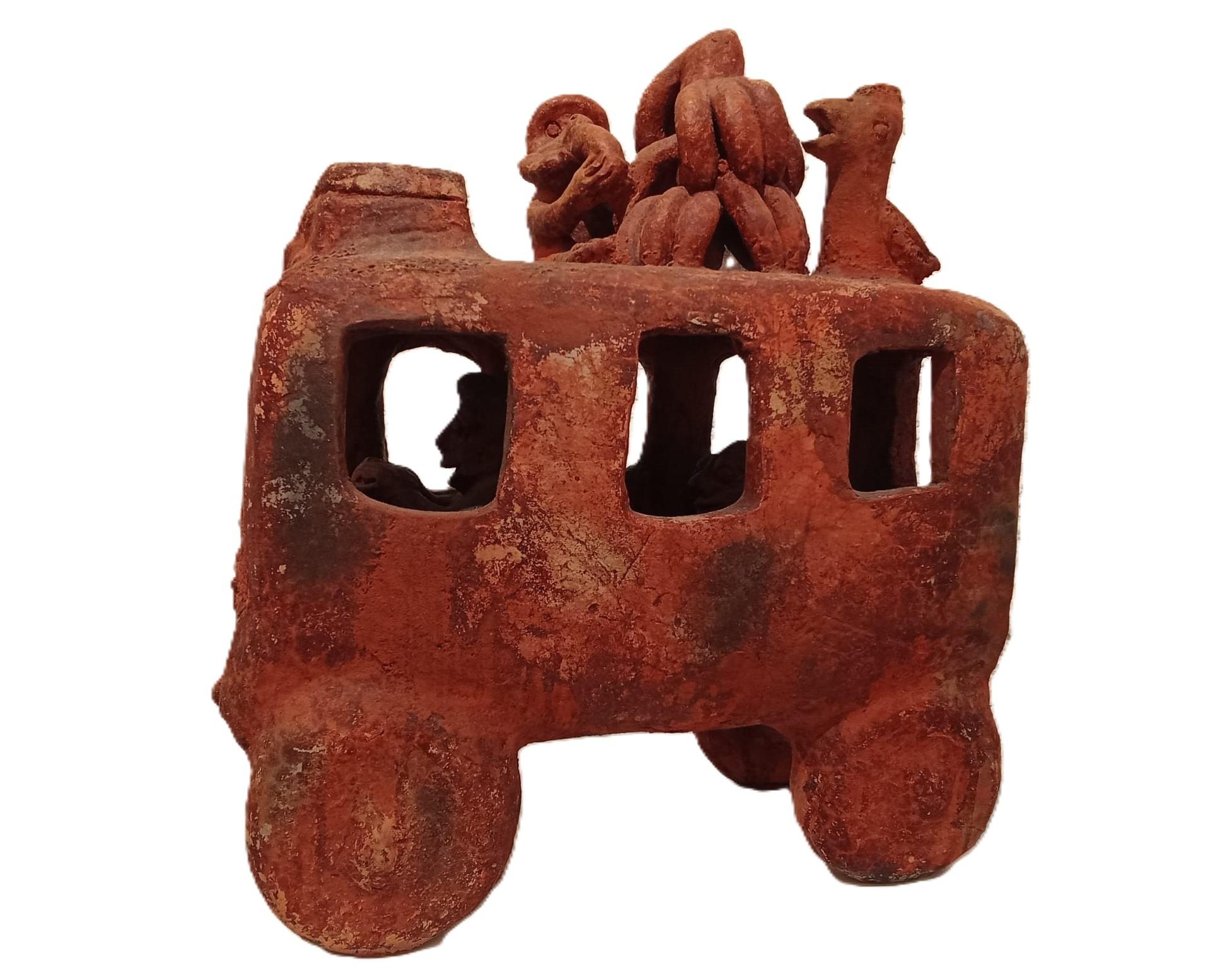 SEYNI AWA CAMARA Figurative Sculpture - Fast car Seyni Awa Camara Terracotta sculpture ceramic humour African art monkey