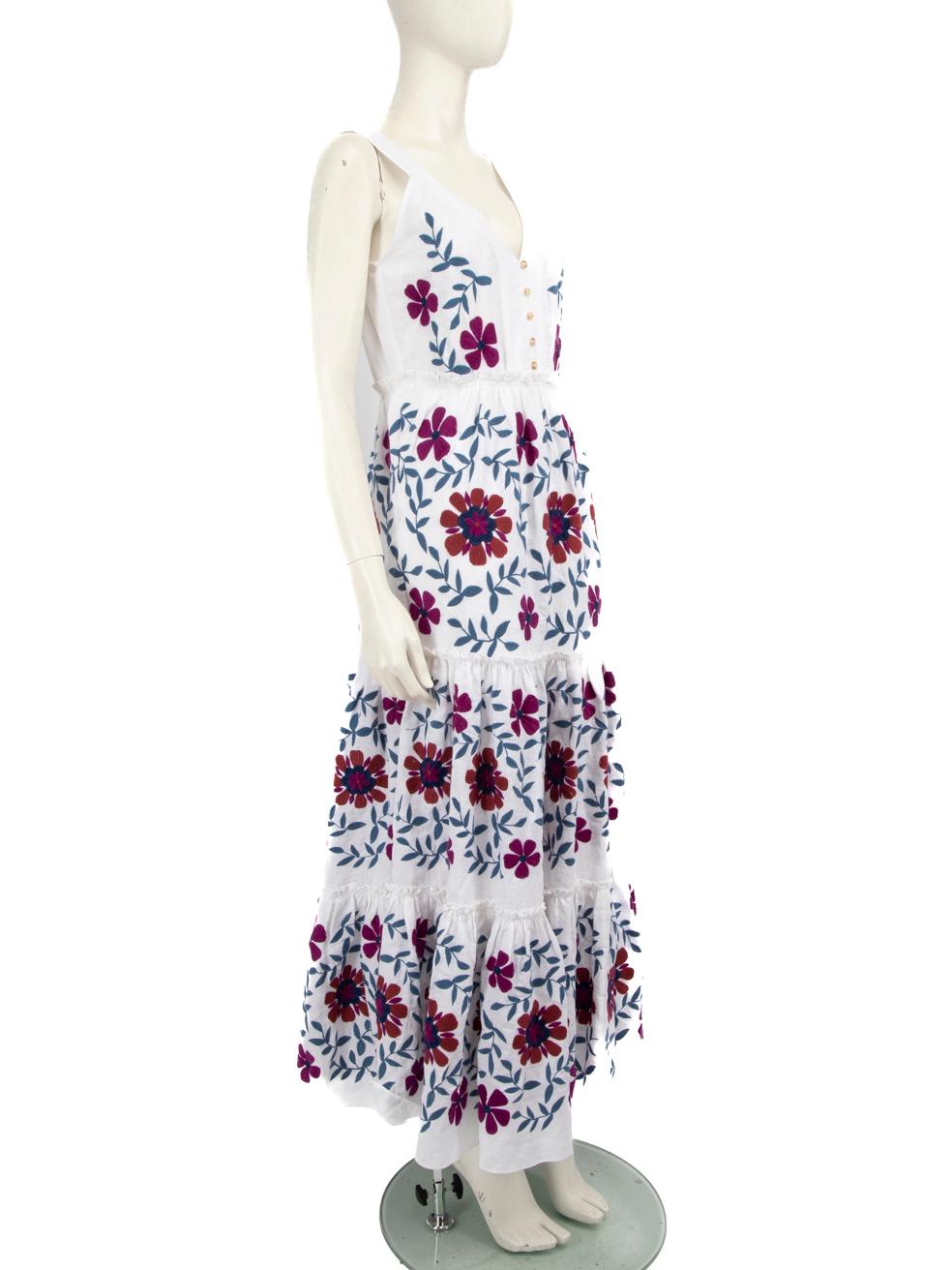 CONDITION is Never worn. Due to poor dress storage, there are two light marks on the bust area of this new Sézane designer resale item.
 
 
 
 Details
 
 
 Multicolour- white, blue, purple
 
 Linen
 
 Dress
 
 Floral embroidered pattern
 
 Maxi
 
