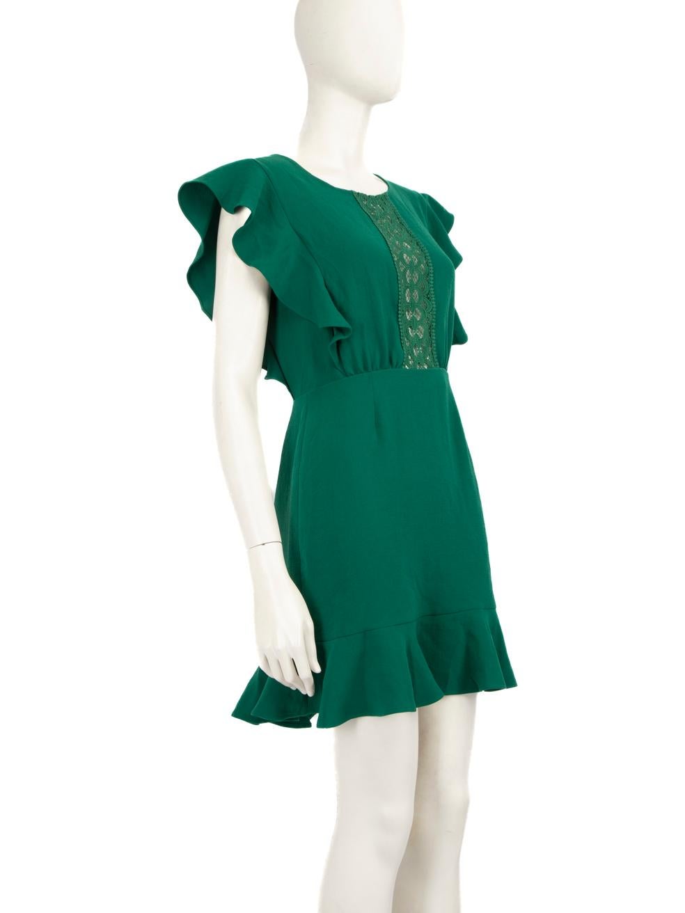 CONDITION is Very Good. Hardly any visible wear to the dress is evident on this used Sézane designer resale item.
 
 Details
 
 
 Green
 
 Polyester
 
 Dress
 
 Mini
 
 Short sleeves
 
 Ruffle detail
 
 Lace panel
 
 See through
 
 Back tie detail
