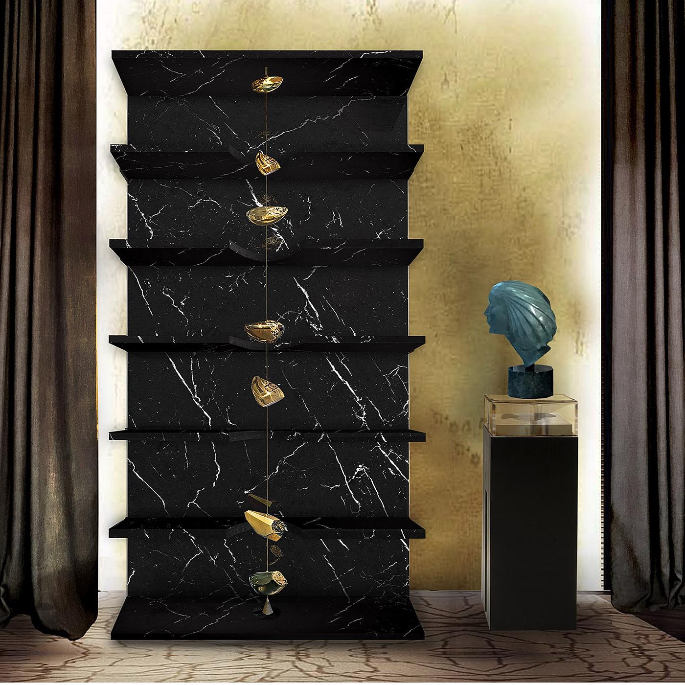This magnificent bookshelf has a timeless and sophisticated charm that will enrich any living room, either classically decorated or with a more contemporary flair. The metal structure is covered by black Marquina marble and presents a bronze