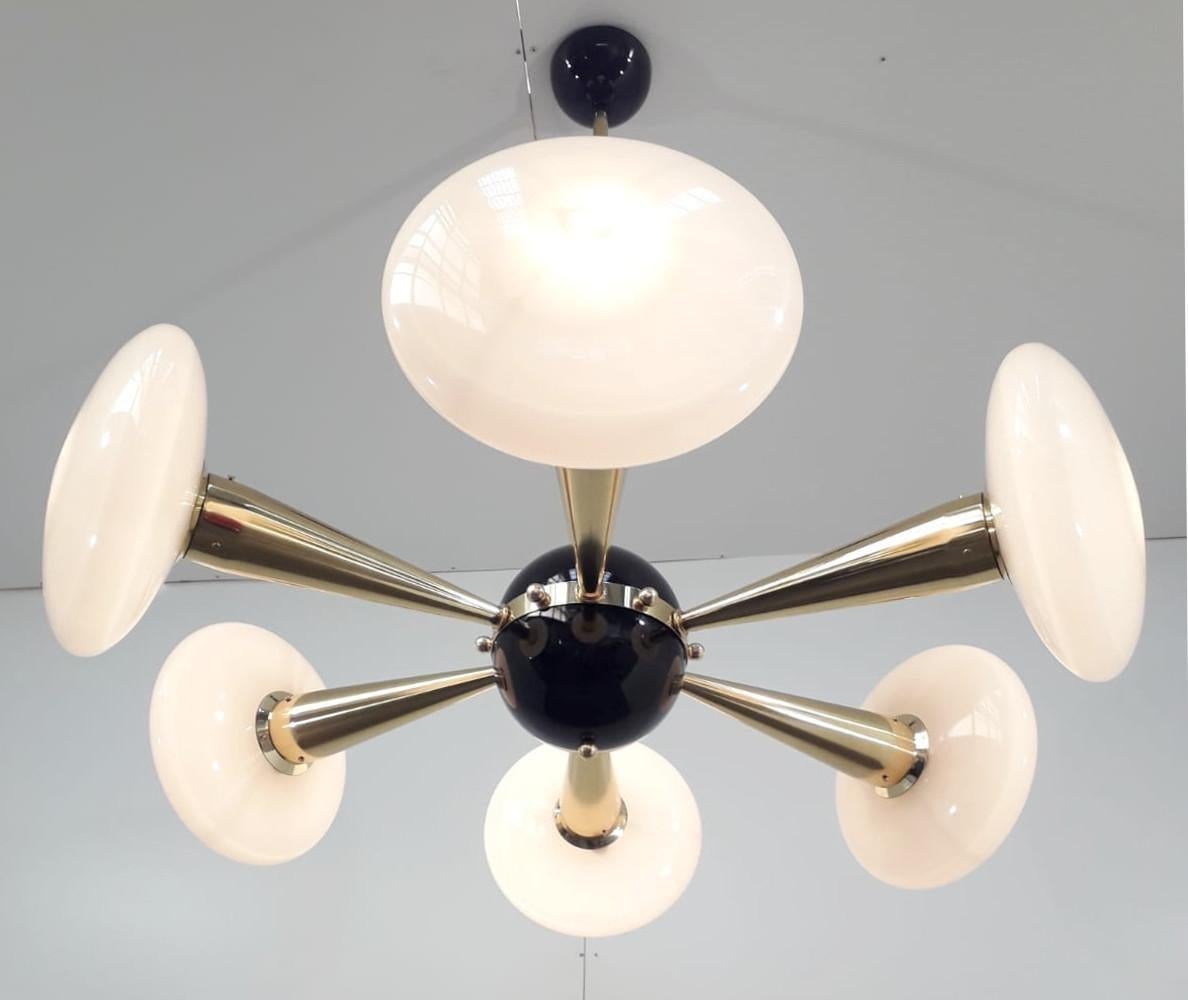 Italian chandelier with glossy gray Murano glass shades, mounted on polished brass frame with black enameled center and ceiling canopy / designed by Fabio Bergomi for Fabio Ltd / made in Italy 
6-light / E12 or E14 type / max 40W each 
Measures: