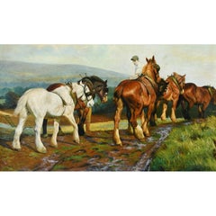 Plough Horses in a landscape Huge British Oil Painting signed