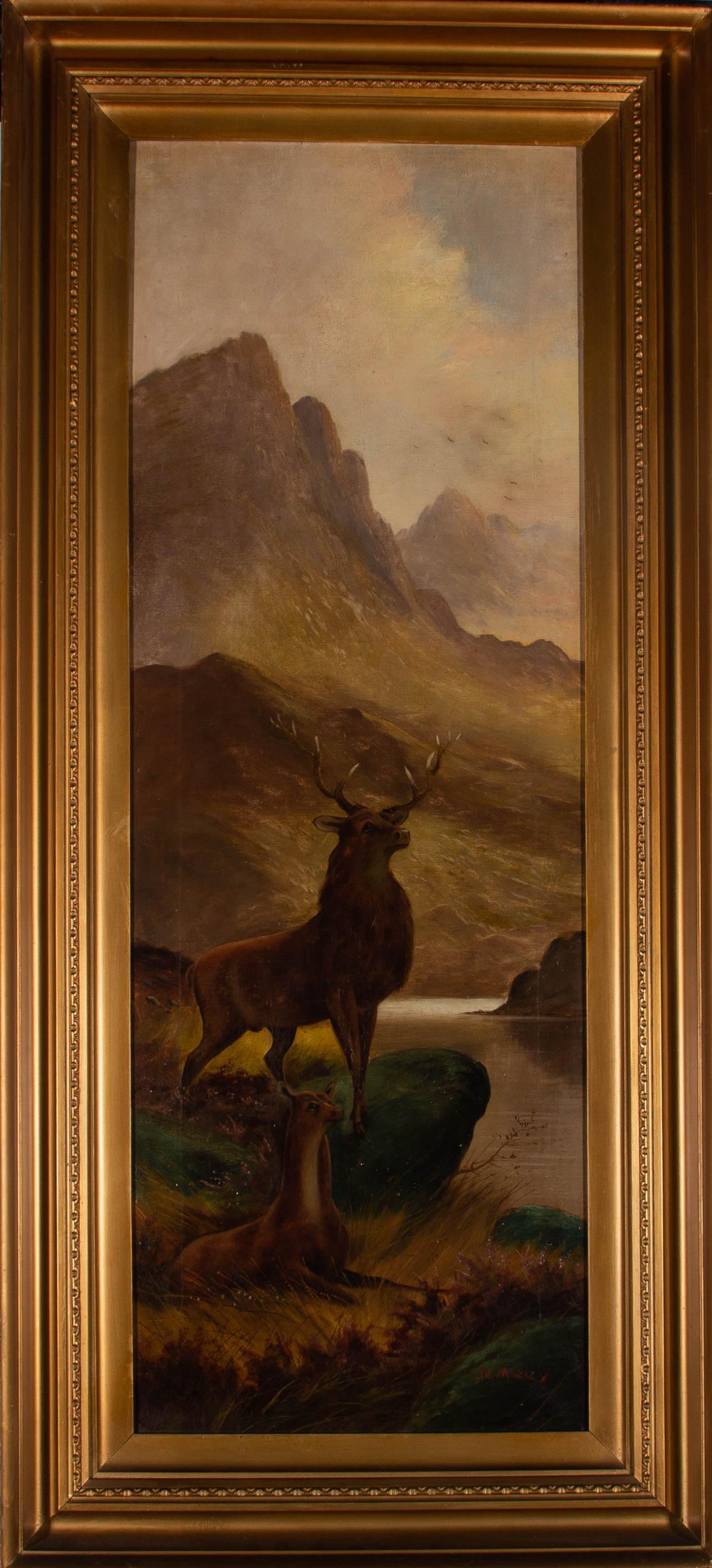 A landscape featuring a noble Highland stag and doe. Presented in a gilt-effect wooden frame. Signed to the lower-right corner. On canvas on stretchers.
