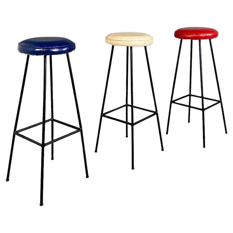 Tall matte black metal stools with colored seats, 1960s