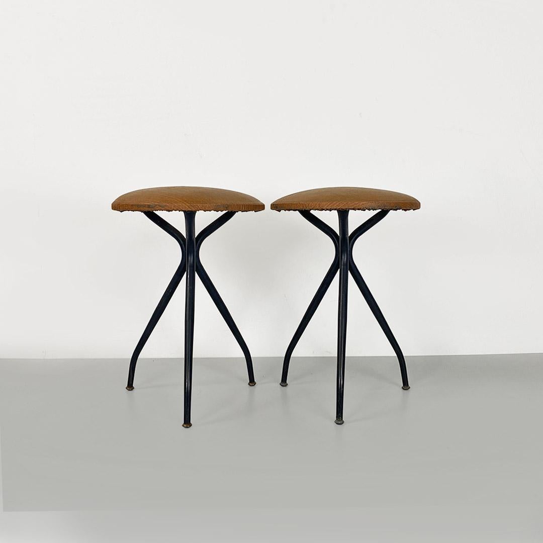 Mid-Century Modern Italian brown leatherette and black metal stools, 1950s For Sale