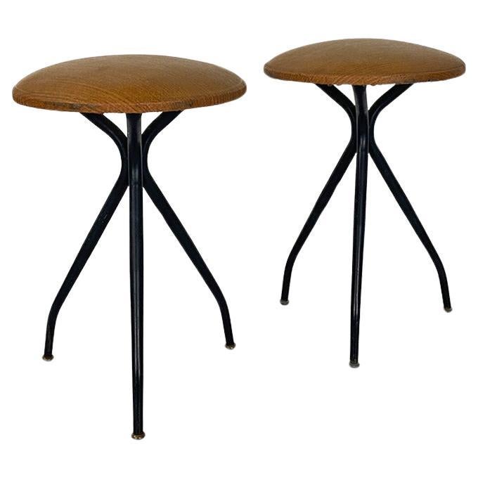 Italian brown leatherette and black metal stools, 1950s For Sale