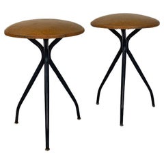 Italian brown leatherette and black metal stools, 1950s
