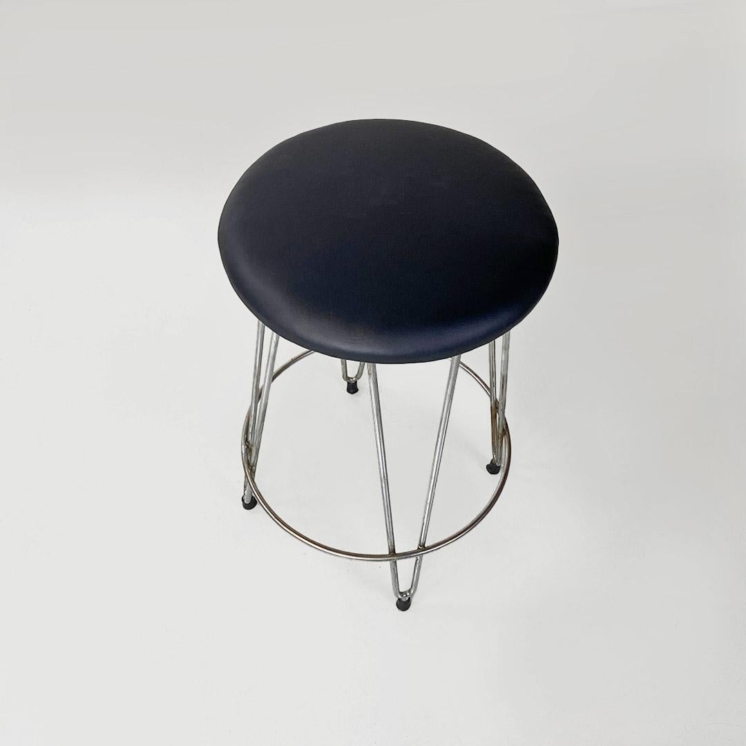Late 20th Century Italian modern black imitation leather and steel stool, 1970s For Sale