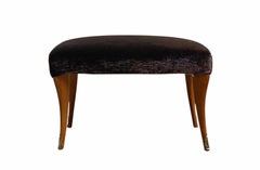 Velvet Stool or Pouf with Shaped Legs and Brass Caps, Italy, 1950s