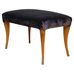 Velvet Stool or Pouf with Shaped Legs and Brass Caps, Italy, 1950s