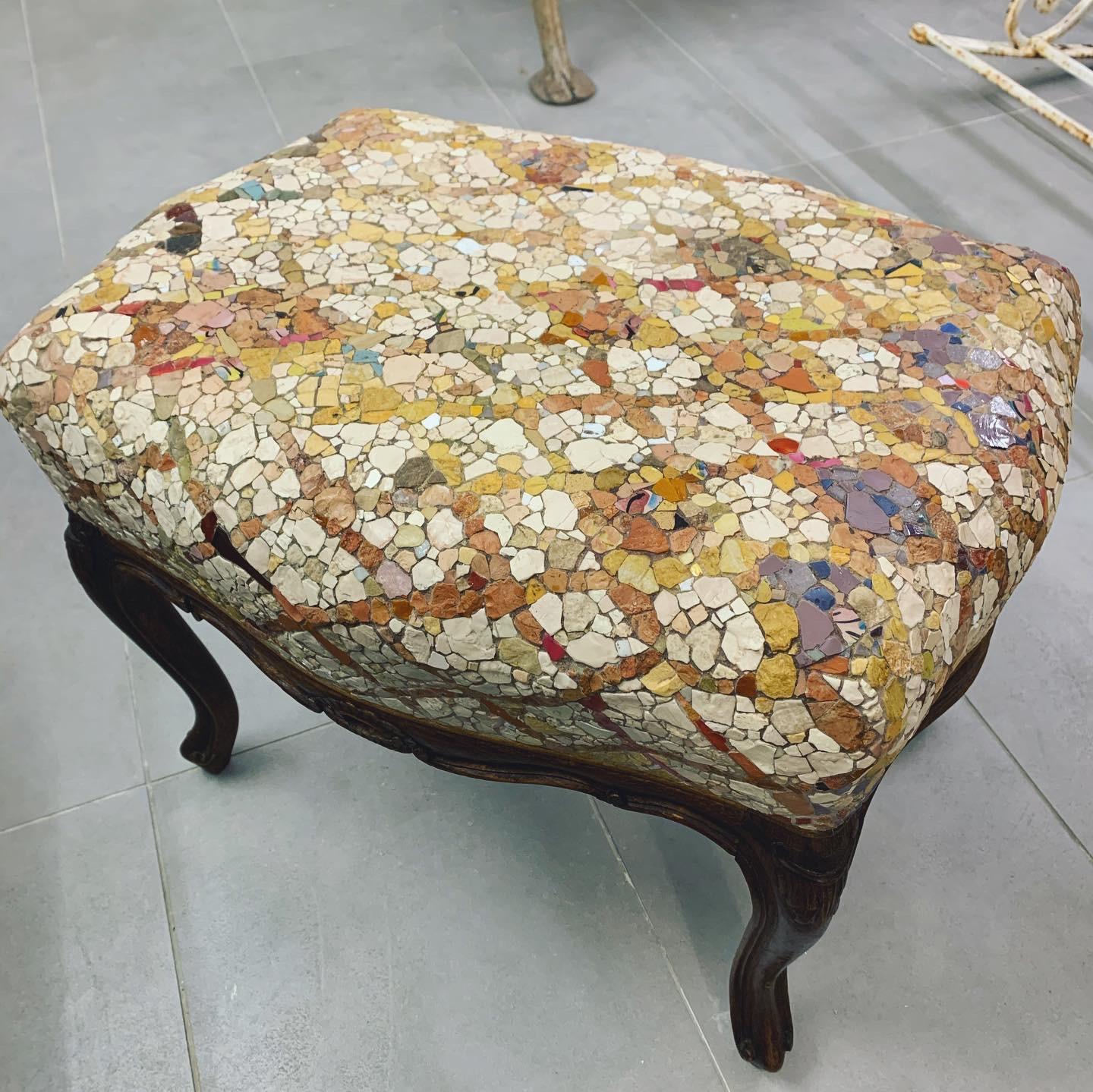 Sgabello Rombi antique wood stool by Yukiko Nagai
Dimensions: D 40 x W 53 x H 40 cm
Material: Antique wood stool, Marble, Natural stone, Styrofoam, Glass fiber,
Resin, Cement, Stucco
Weight: 10 kg 
All pieces are handmade, so the colours and