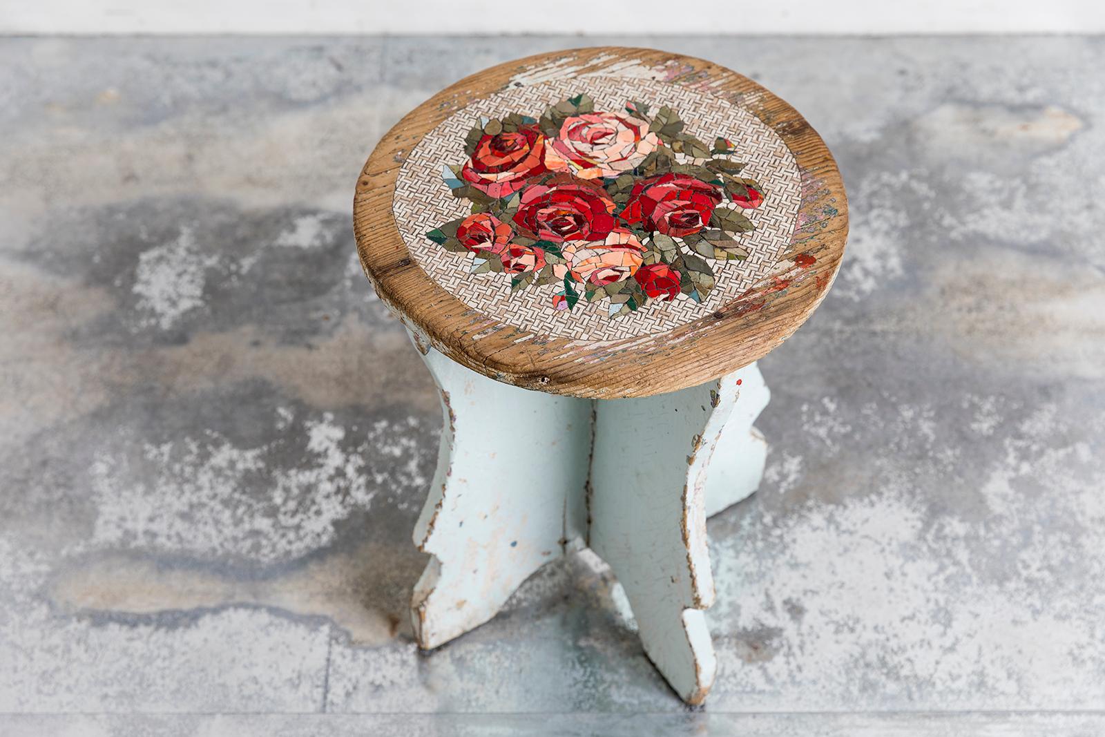 Sgabello Rose Antique wood stool by Yukiko Nagai.
Dimensions: D36 x W37 x H47 cm.
Material: Wood, Marble, Natural stone, Venetian color glass, Cement, Stucco
Weight: 4.5 kg 
All pieces are handmade, so the colours and shapes of the patterns may