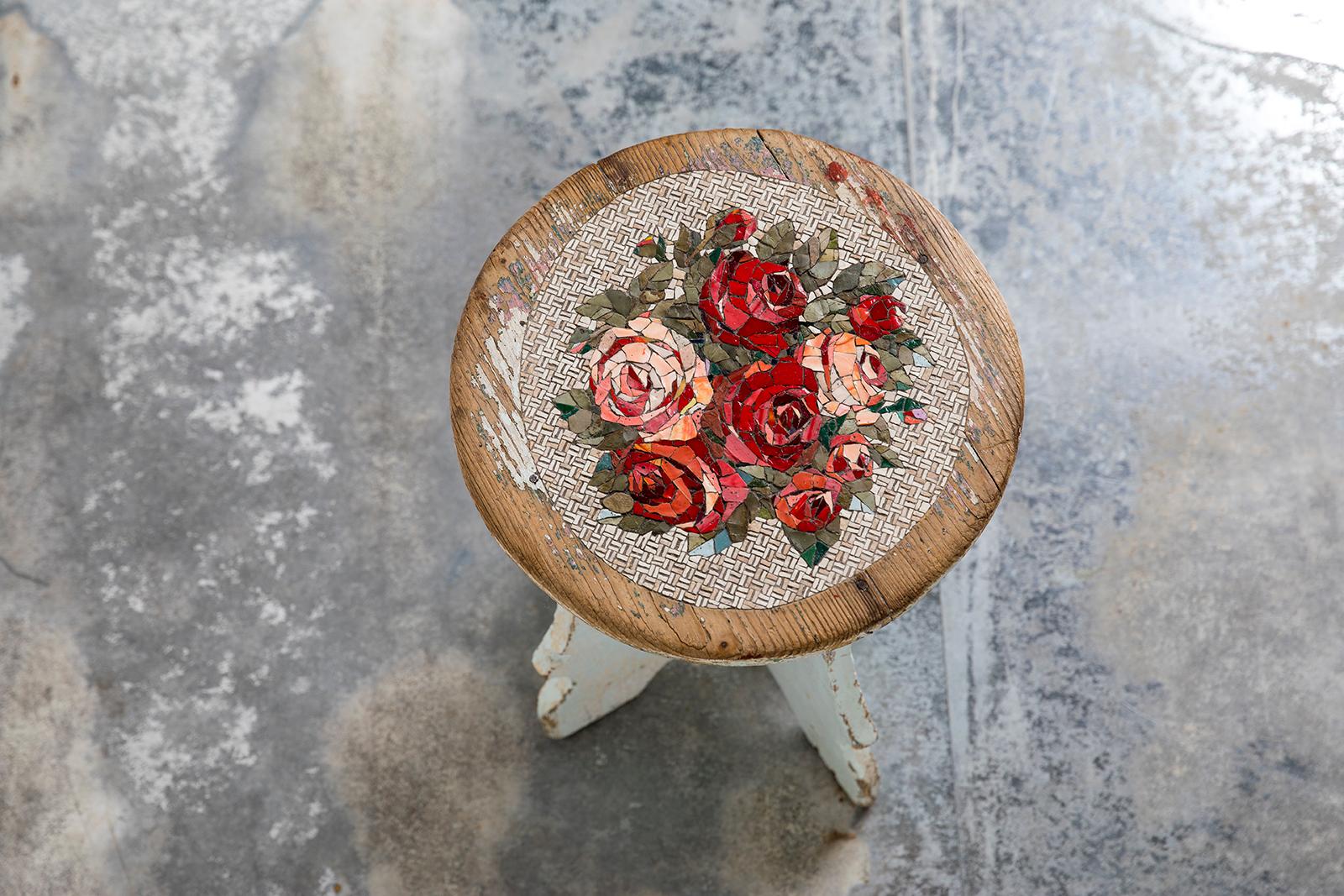 Italian Sgabello Rose Antique Wood Stool by Yukiko Nagai For Sale