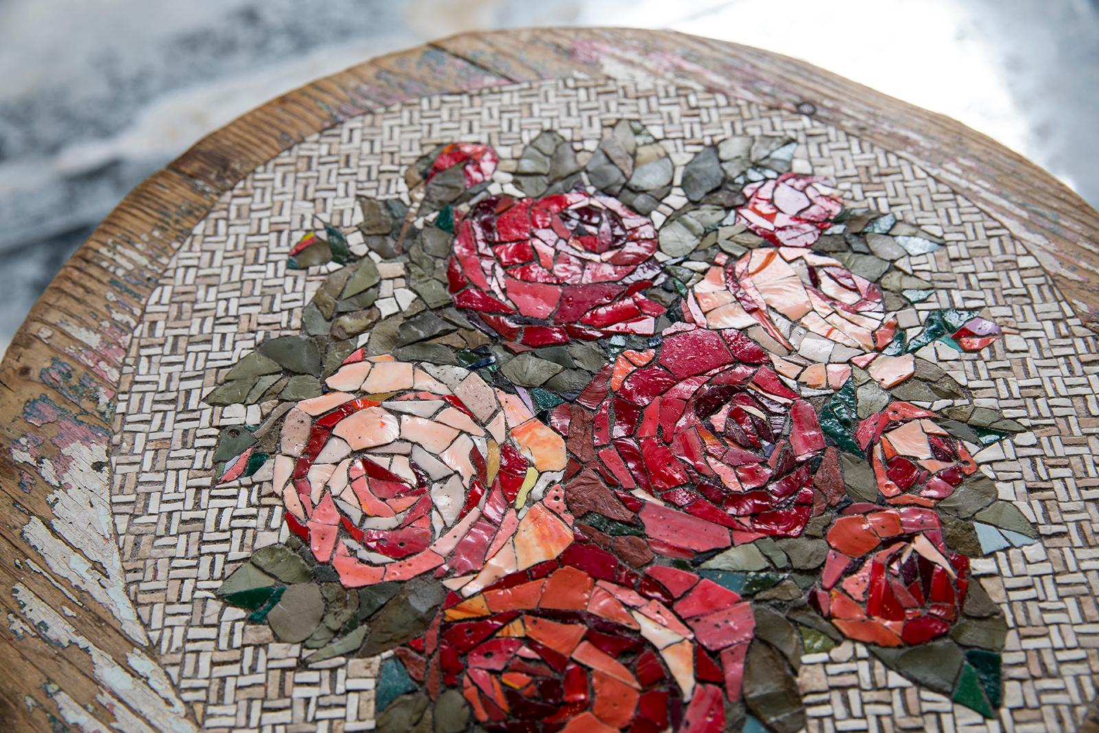 Contemporary Sgabello Rose Antique Wood Stool by Yukiko Nagai For Sale