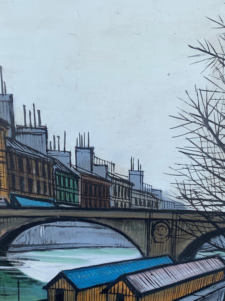 French Expressionist Mid Century Modern View of Paris on the Seine, bridge  - Gray Figurative Painting by Unknown
