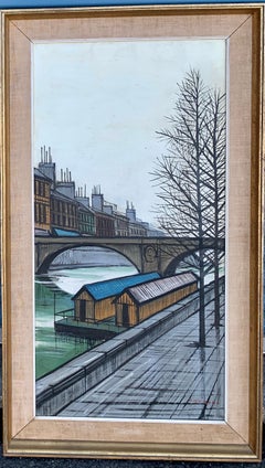 Vintage French Expressionist Mid Century Modern View of Paris on the Seine, bridge 