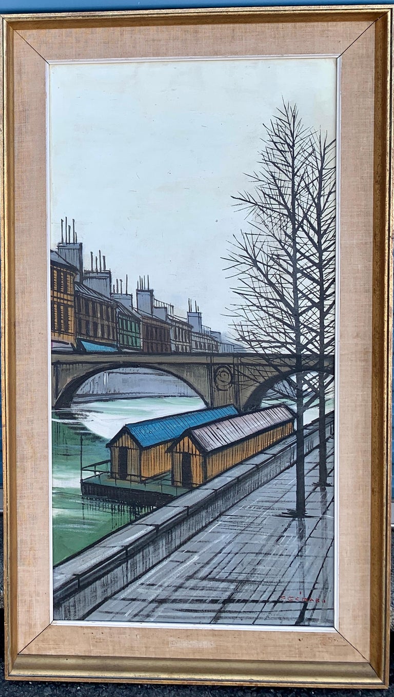Unknown Figurative Painting - French Expressionist Mid Century Modern View of Paris on the Seine, bridge 