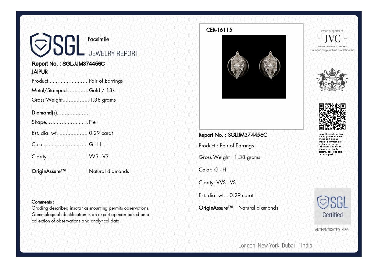 Pendientes marquesa de diamantes talla pastel SGL Certified 0,29 quilates SI/H Oro blanco 18k en Nuevo estado para la venta en Diera, Dubai