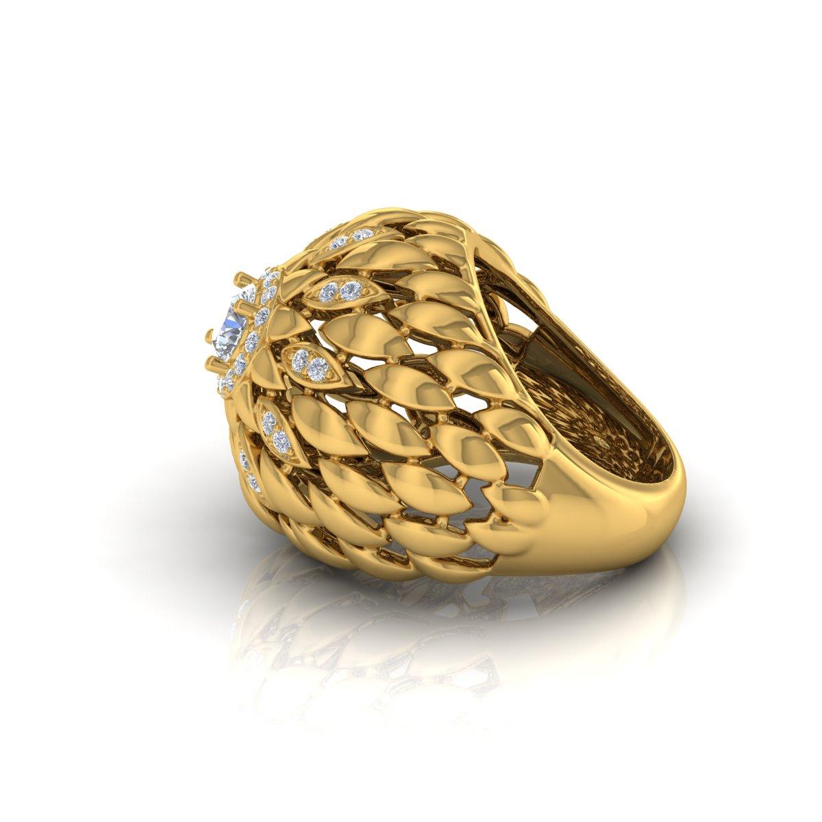 Modern SGL Certified 0.8 Carat SI Clarity HI Color Diamond Yellow Gold Flower Dome Ring For Sale
