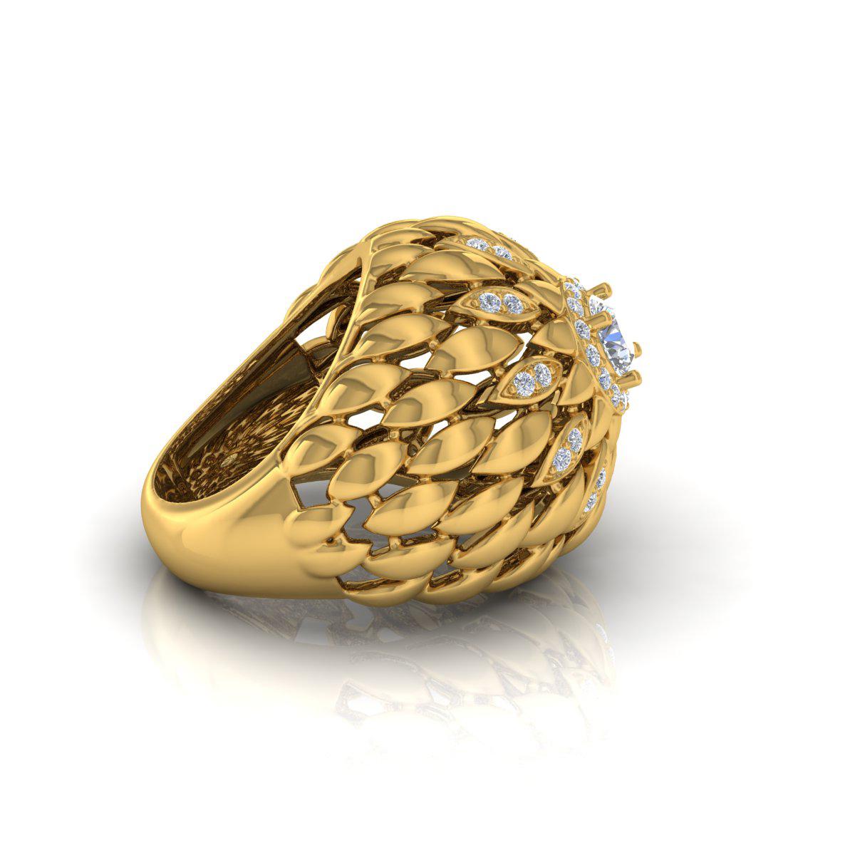 Round Cut SGL Certified 0.8 Carat SI Clarity HI Color Diamond Yellow Gold Flower Dome Ring For Sale