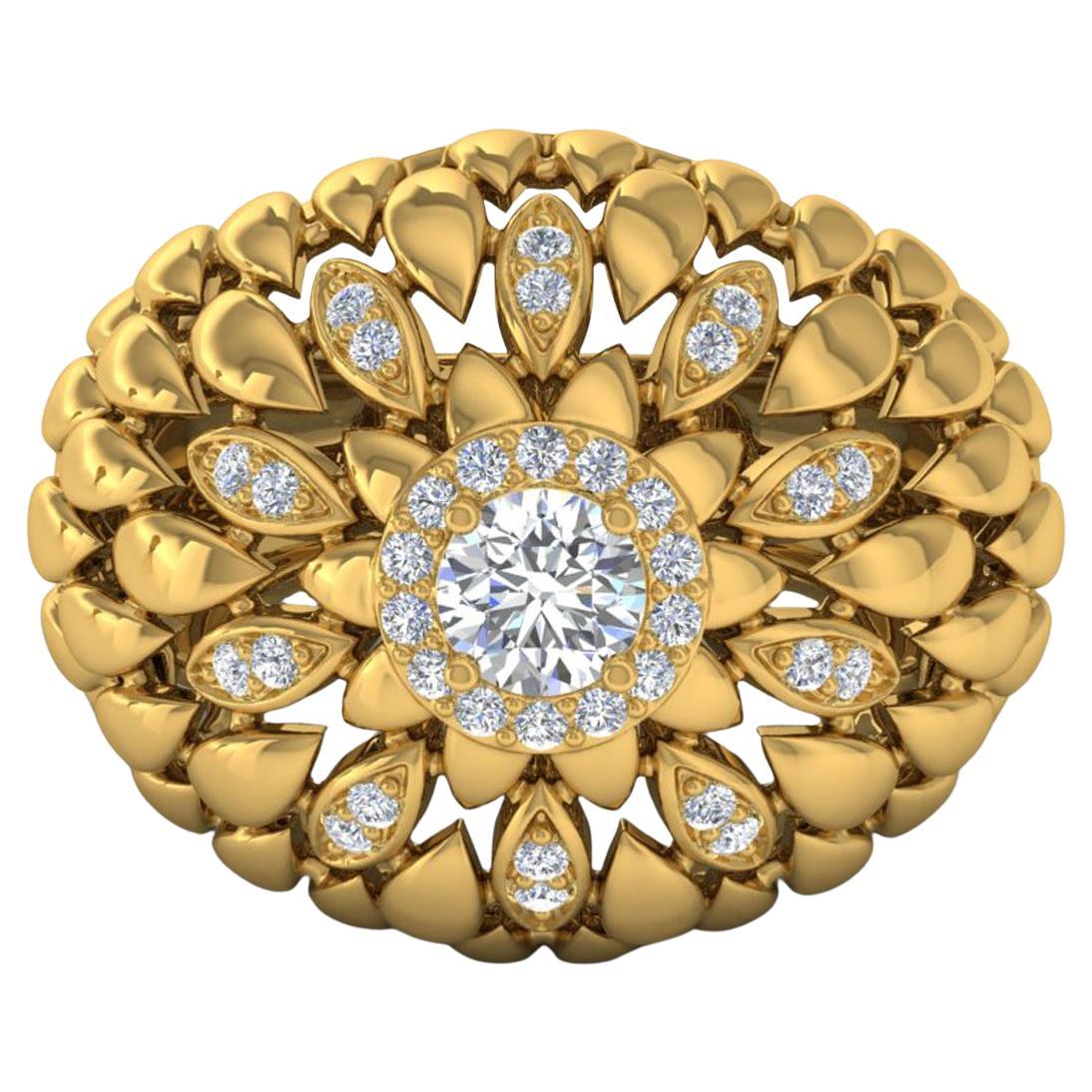 SGL Certified 0.8 Carat SI Clarity HI Color Diamond Yellow Gold Flower Dome Ring For Sale