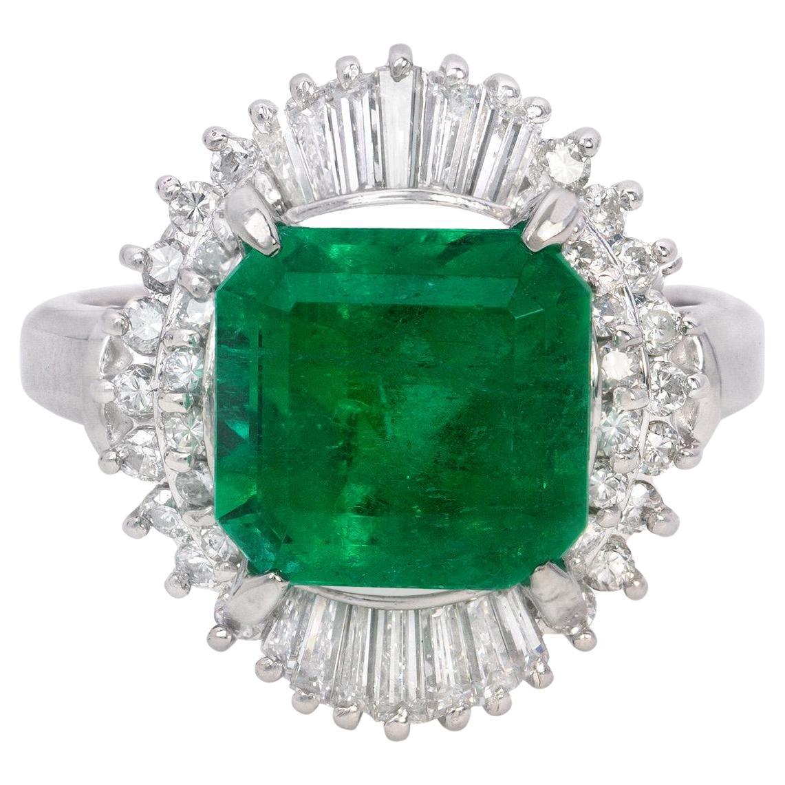 SGL Certified 3.32 Carat Emerald Diamond Platinum Ring For Sale