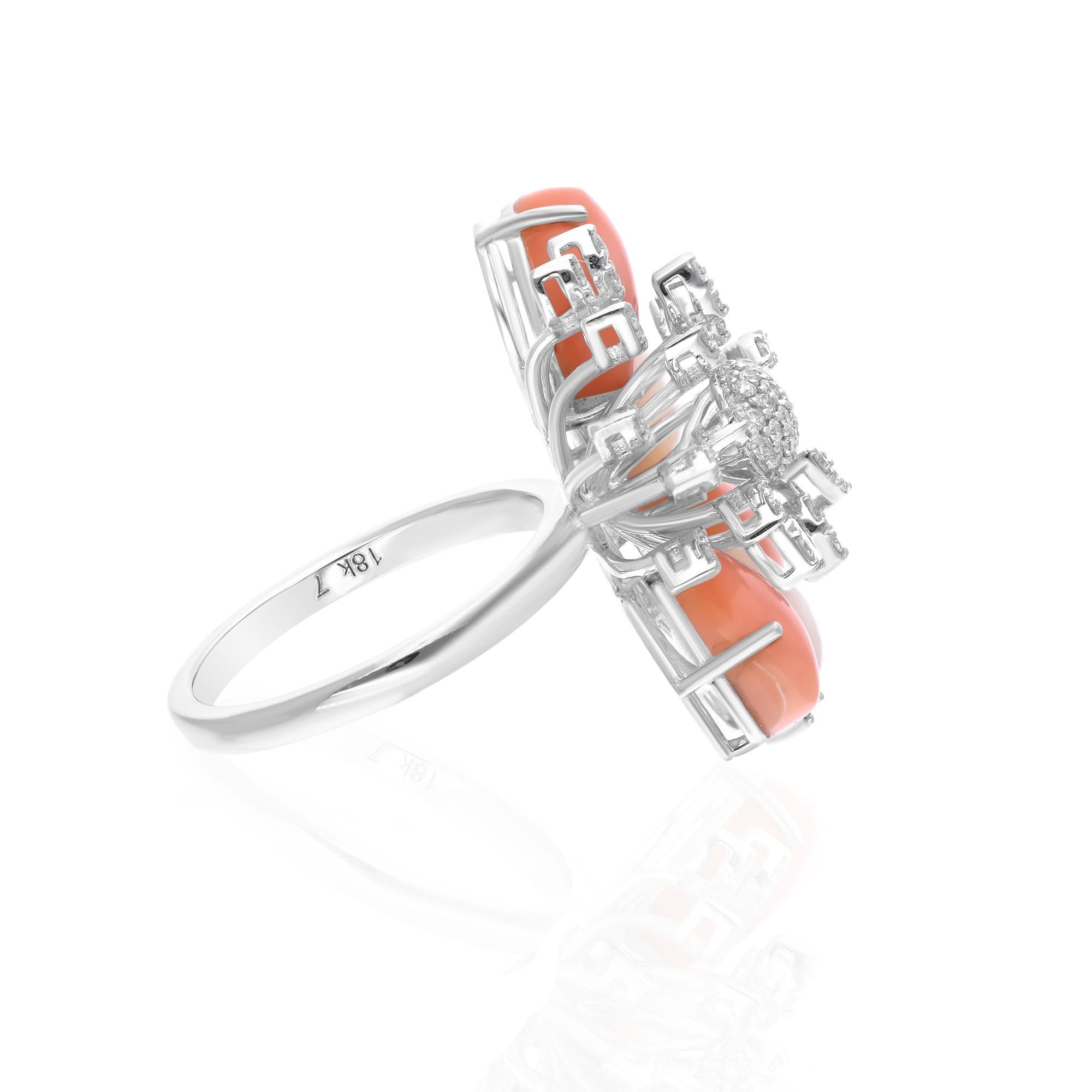 Modern SGL Certified Coral Mother of Pearl SI/H Diamond 18k White Gold Cocktail Ring For Sale