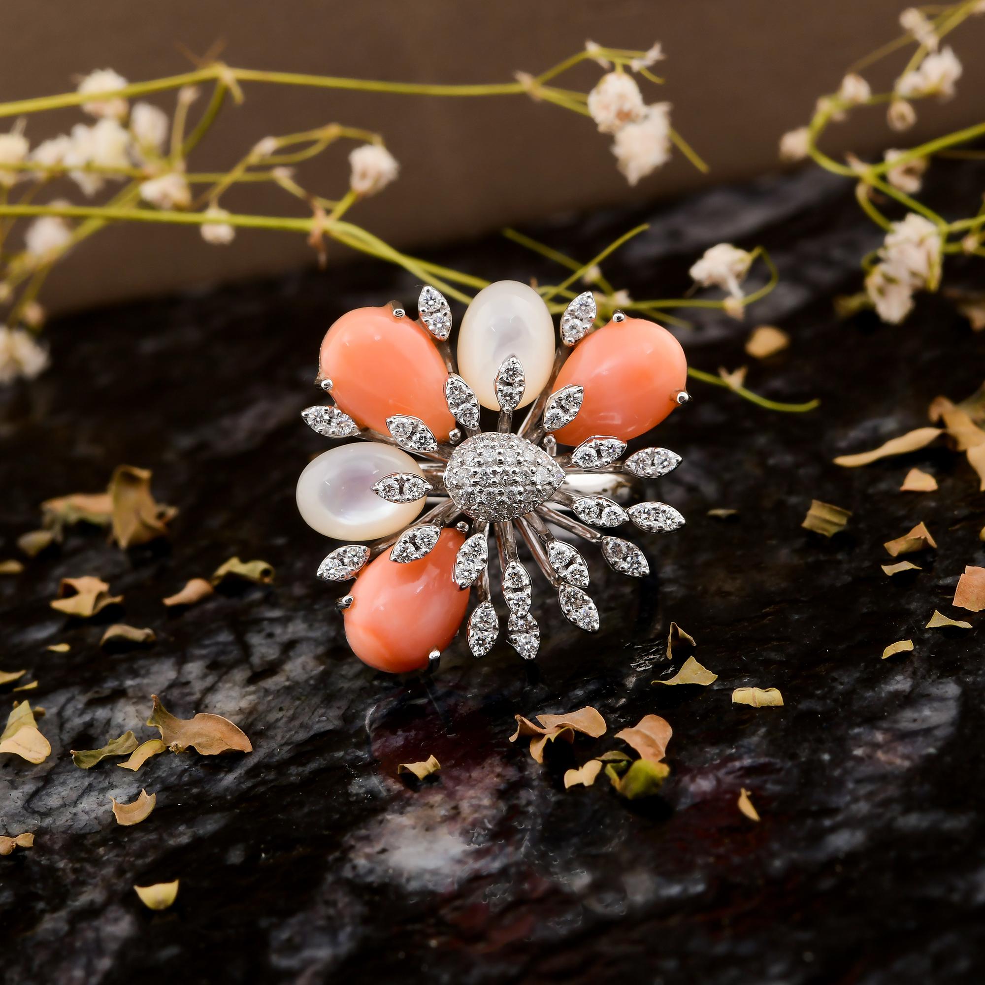 Pear Cut SGL Certified Coral Mother of Pearl SI/H Diamond 18k White Gold Cocktail Ring For Sale