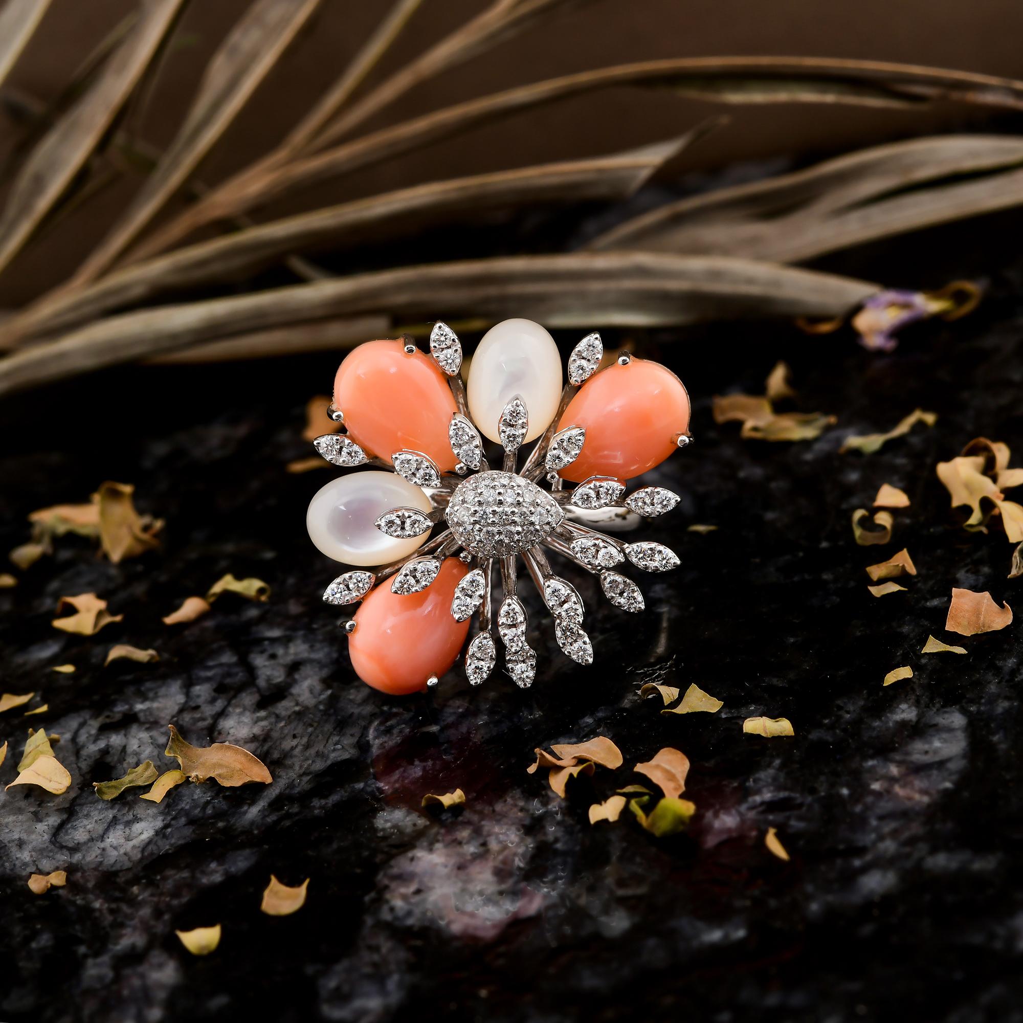 SGL Certified Coral Mother of Pearl SI/H Diamond 18k White Gold Cocktail Ring In New Condition For Sale In Diera, Dubai
