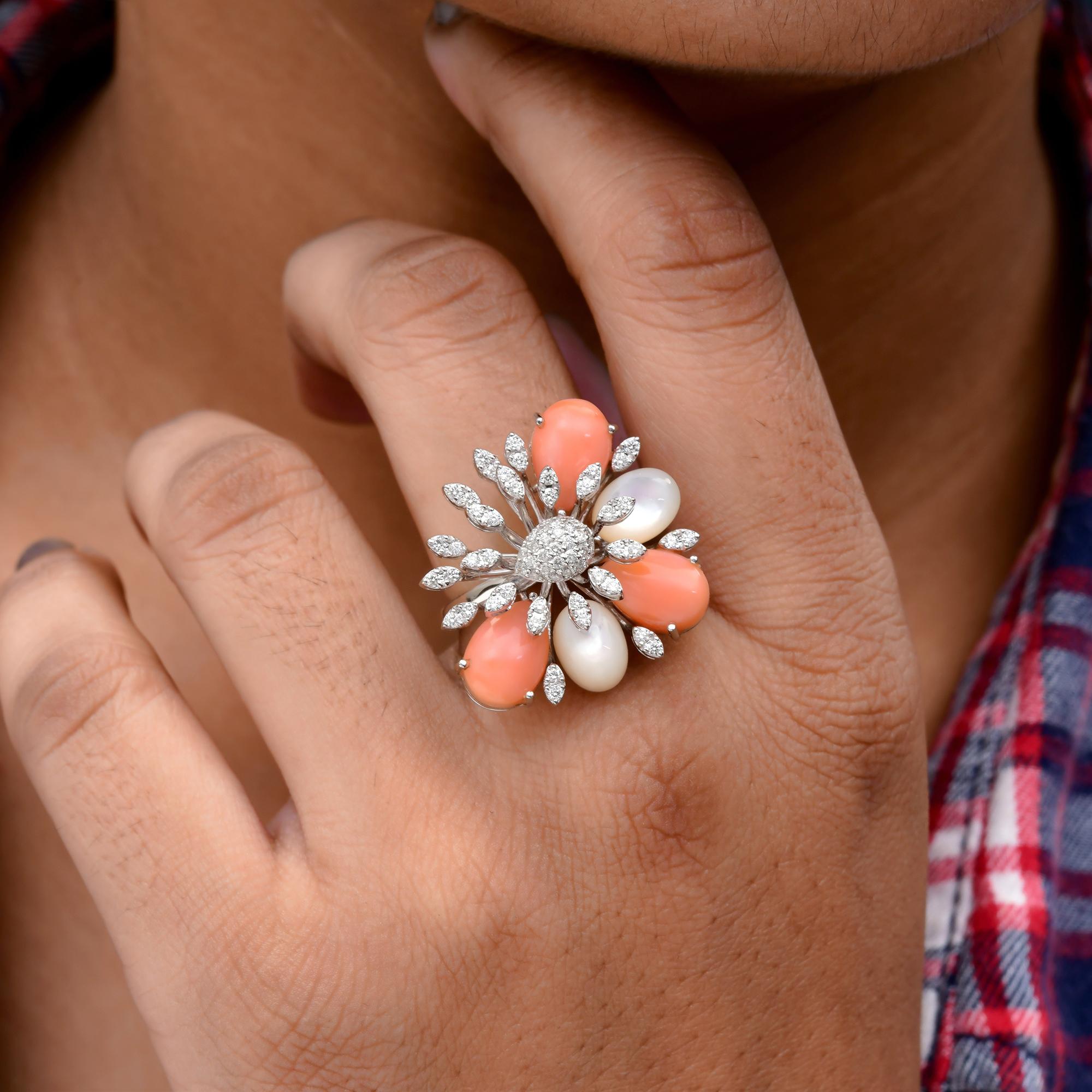 Women's SGL Certified Coral Mother of Pearl SI/H Diamond 18k White Gold Cocktail Ring For Sale