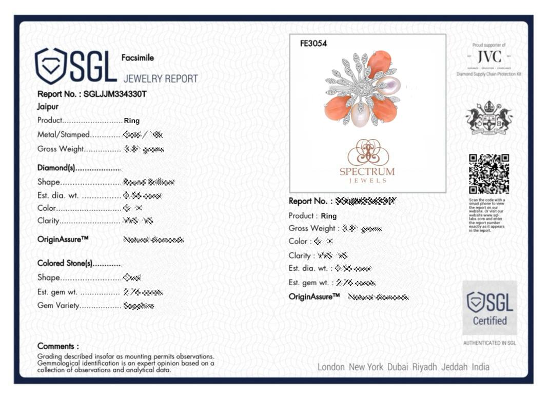 SGL Certified Coral Mother of Pearl SI/H Diamond 18k White Gold Cocktail Ring For Sale 1
