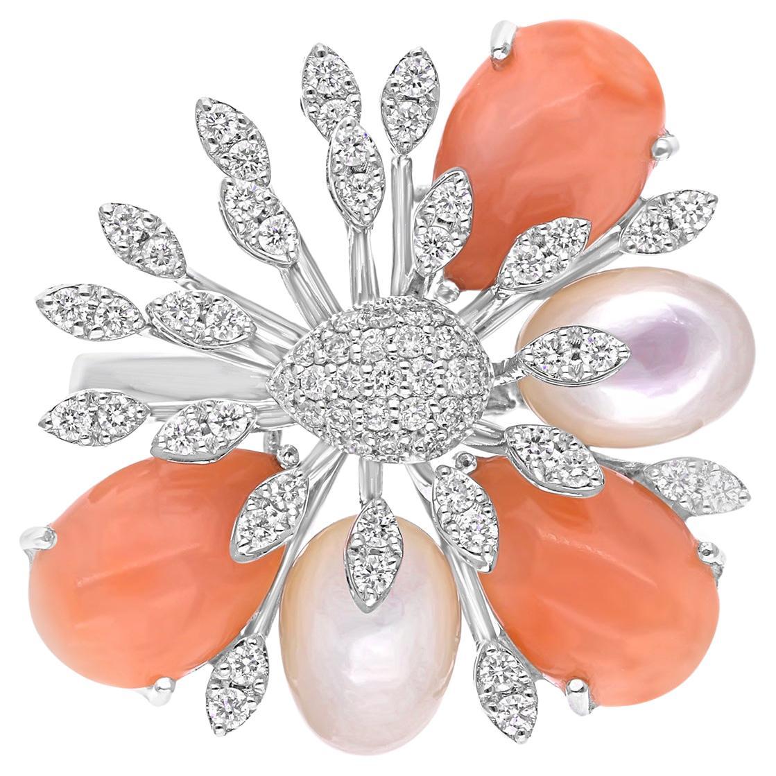 SGL Certified Coral Mother of Pearl SI/H Diamond Bague de cocktail en or blanc 18k