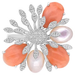 SGL Certified Coral Mother of Pearl SI/H Diamond Bague de cocktail en or blanc 18k