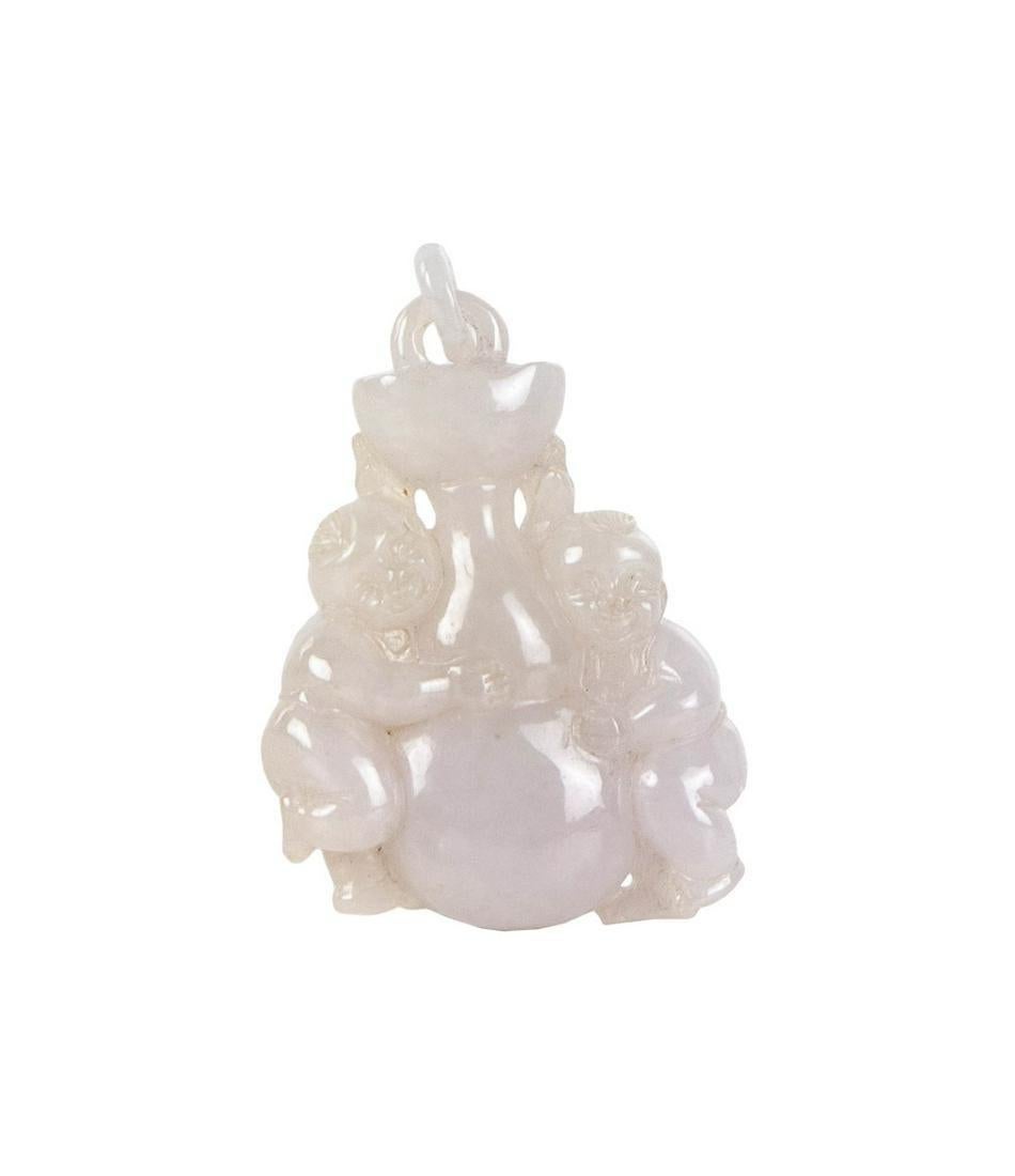 This exquisite pendant features natural light lavender jade intricately carved into two fairchilds holding a gourd and ingot — traditional symbols of happiness, prosperity, health, and wealth.

Measuring approximately 6.9 x 4.8 x 1.4 cm and weighing