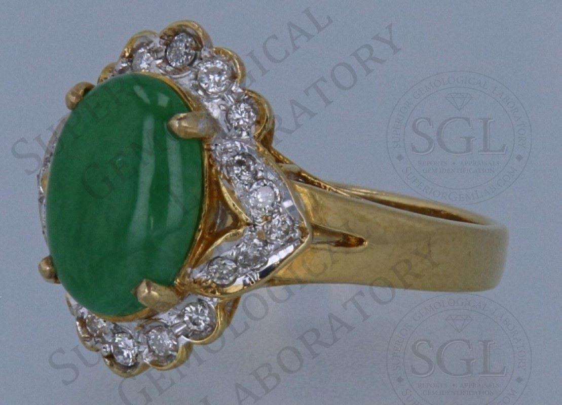 SGL Certified Natural Jadeite Jade And Diamond Yellow Gold Ring For Sale 5