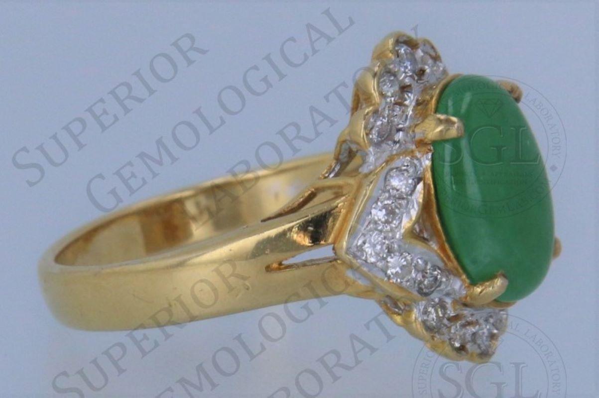 SGL Certified Natural Jadeite Jade And Diamond Yellow Gold Ring For Sale 7