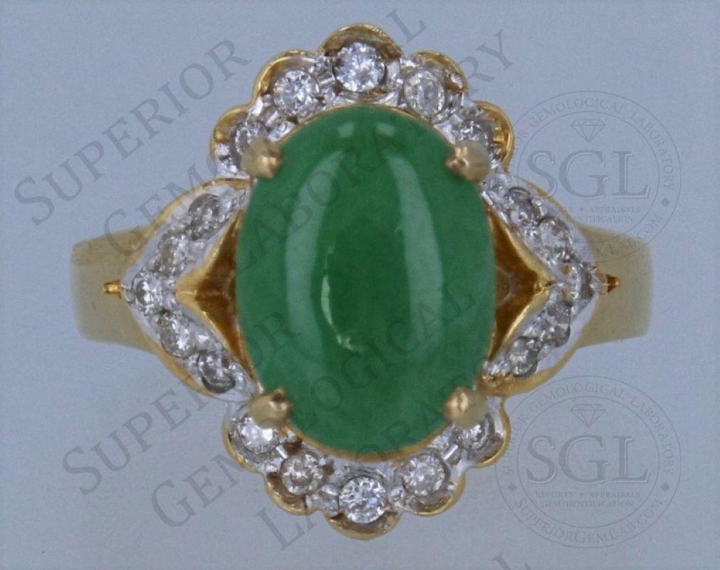 SGL Certified Natural Jadeite Jade And Diamond Yellow Gold Ring For Sale 8
