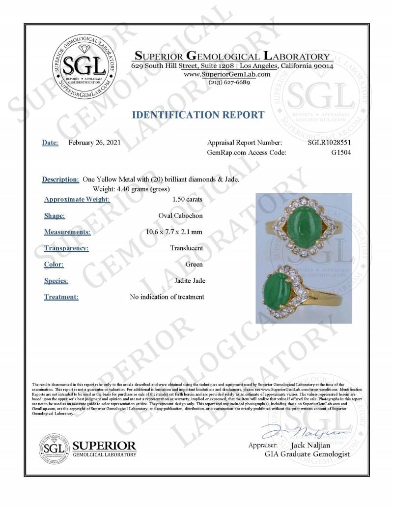 SGL Certified Natural Jadeite Jade And Diamond Yellow Gold Ring For Sale 4