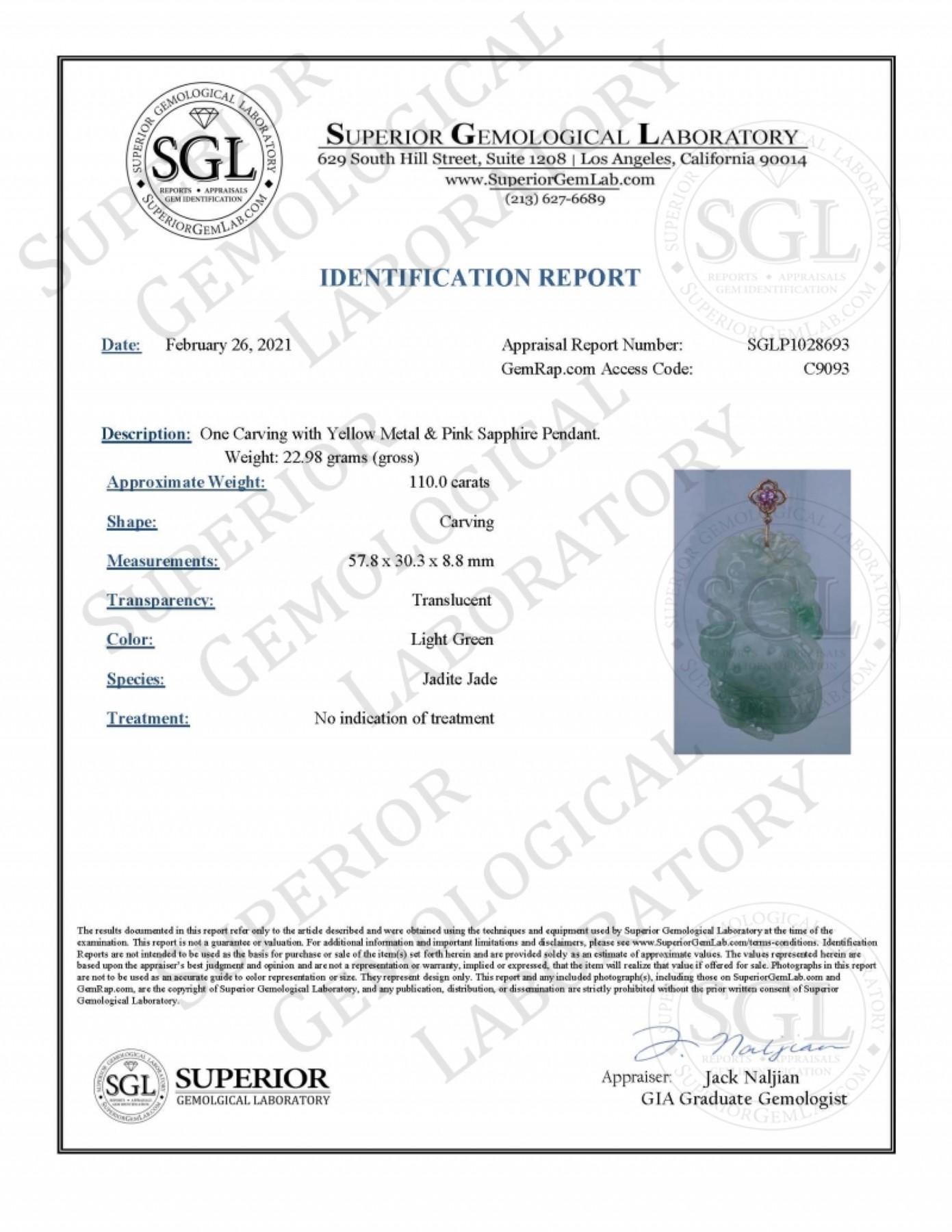 Ciondolo in oro 14K con giada verde chiaro certificata SGL e zaffiro rosa in vendita 11